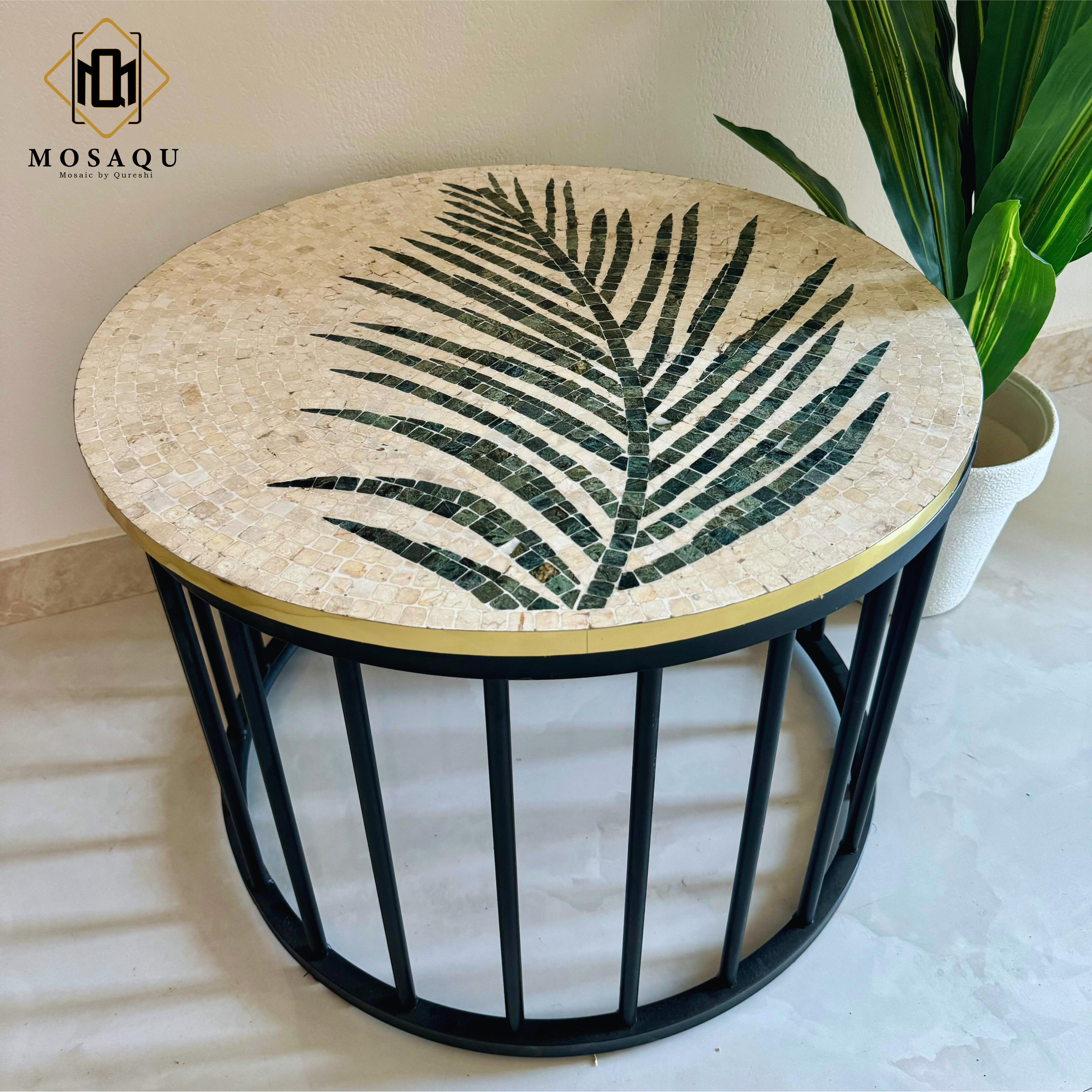 Artisanal Tea Leaf Stone Coffee Table with Luxurious Mosaic Patterns